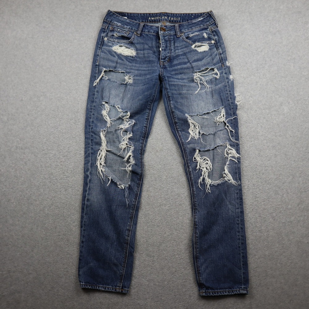 American Eagle Jeans Womens 4 Tomgirl Blue Ripped Distressed Cotton Button Fly